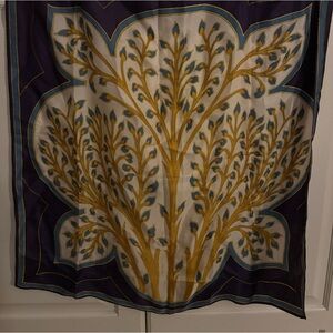 Square scarf purple blue gold tree of life print silky acetate mod unique‎